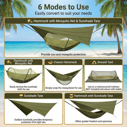 EZBY Camping Hammock with Net & Sunshade Tarp, 2 Person Portable Hammocks for Outside, 661lbs Max Load for Outdoor Camping Hiking Beach Park