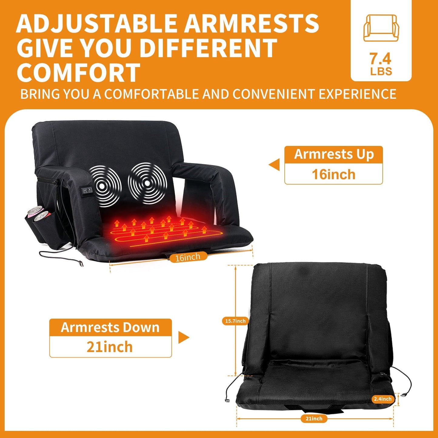 SUNYRISY 21-inch Heated Massage Stadium Seat, Folding Grandstand Chair, 3-Level Heating and Massage, 6 Reclining Angles, Suitable for Outdoor Camping, Sports and Exercise