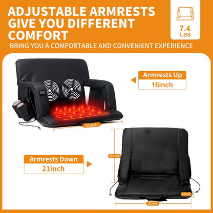 SUNYRISY 21-inch Heated Massage Stadium Seat, Folding Grandstand Chair, 3-Level Heating and Massage, 6 Reclining Angles, Suitable for Outdoor Camping, Sports and Exercise