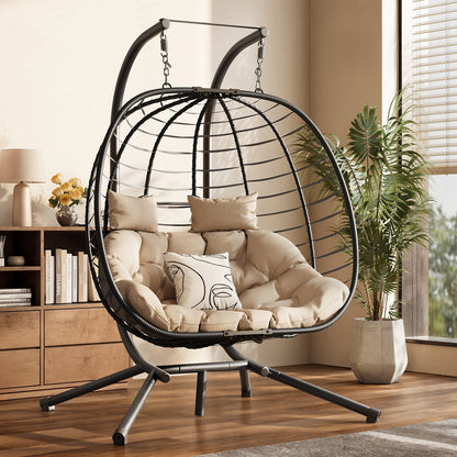 ELPOSUN Double Wicker Swing Egg Chair 2 Person Foldable Hanging Egg Chair with Stand, Porch Swing Loveseat for Patio, Balcony, Porch, Indoor, Outdoor, Black/Beige