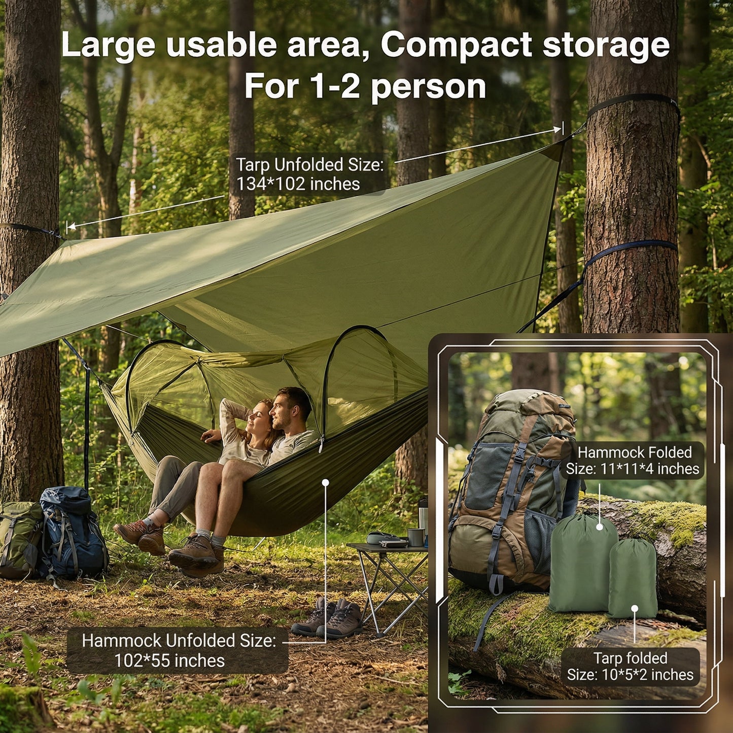 EZBY Camping Hammock with Net & Sunshade Tarp, 2 Person Portable Hammocks for Outside, 661lbs Max Load for Outdoor Camping Hiking Beach Park