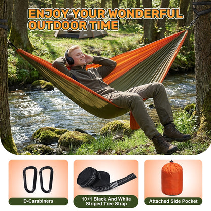NOCOEX Camping Hammock 440lbs with Two 10ft Tree Straps, 2 D-Carabiners & Side Pocket, Parachute Nylon Portable Lightweight Hammock for Travel, Hiking, Backpacking, Beach (Orange)