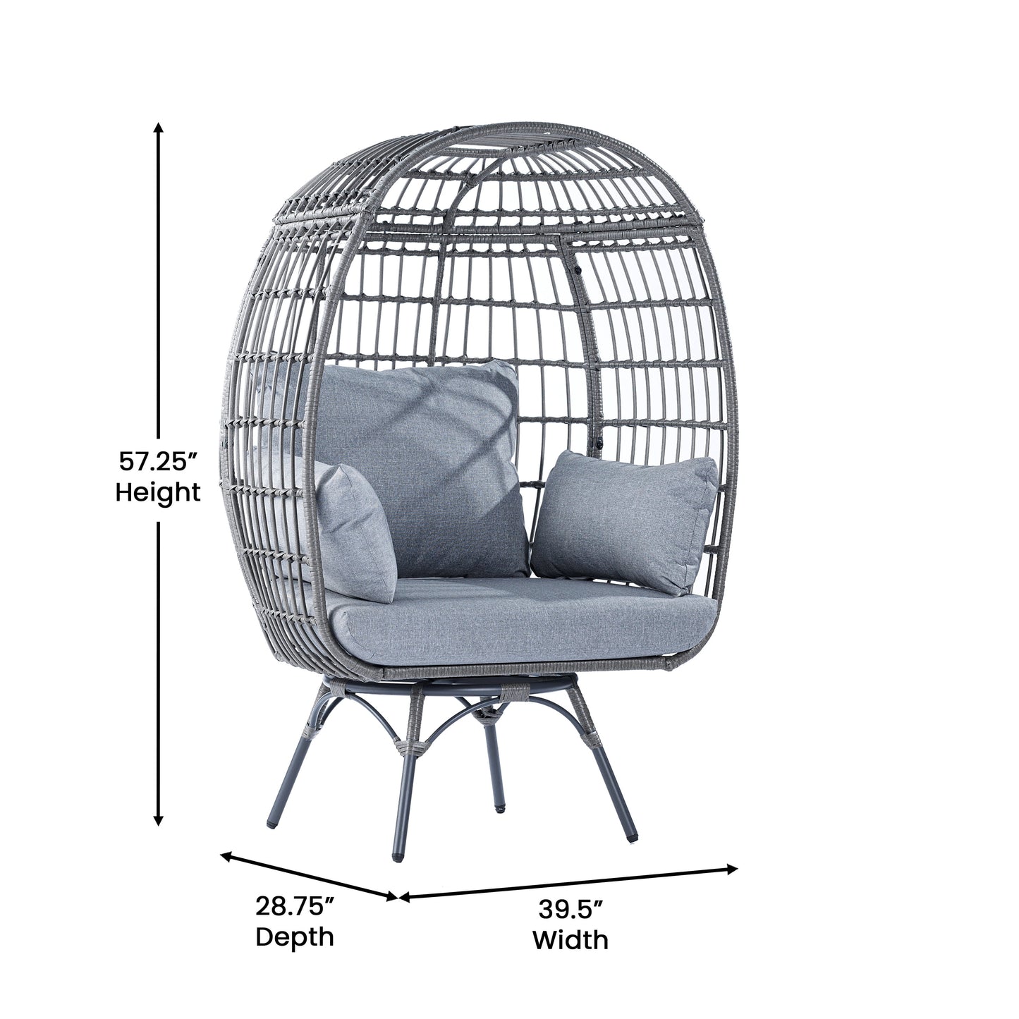 Emma + Oliver Gray/Gray Indoor/Outdoor Oversized Swivel Lounge Egg Chair with Wicker Rattan Construction and 4 Cushions for Patio, Sunroom, or Deck