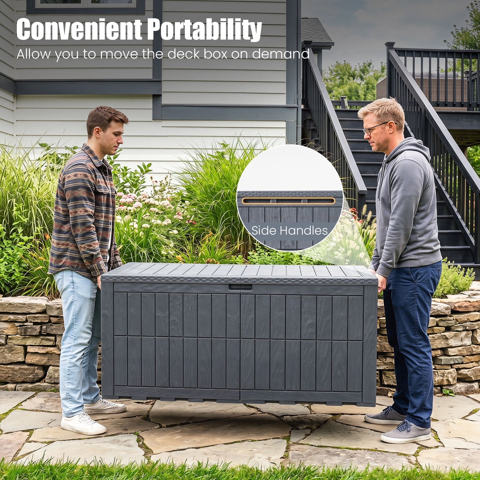 Costway 180 Gal Outdoor Deck Box, All-Weather Lockable Storage Bin with Lid and Handles Gray
