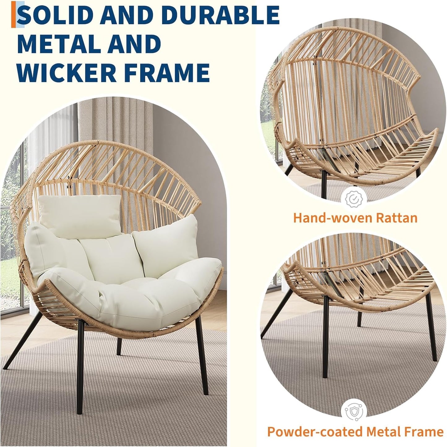 CazToi Indoor Outdoor Wicker Egg Chair, Oversized Lounge Rocker, Rattan Patio Lounge Chair with Pillow & Cushion