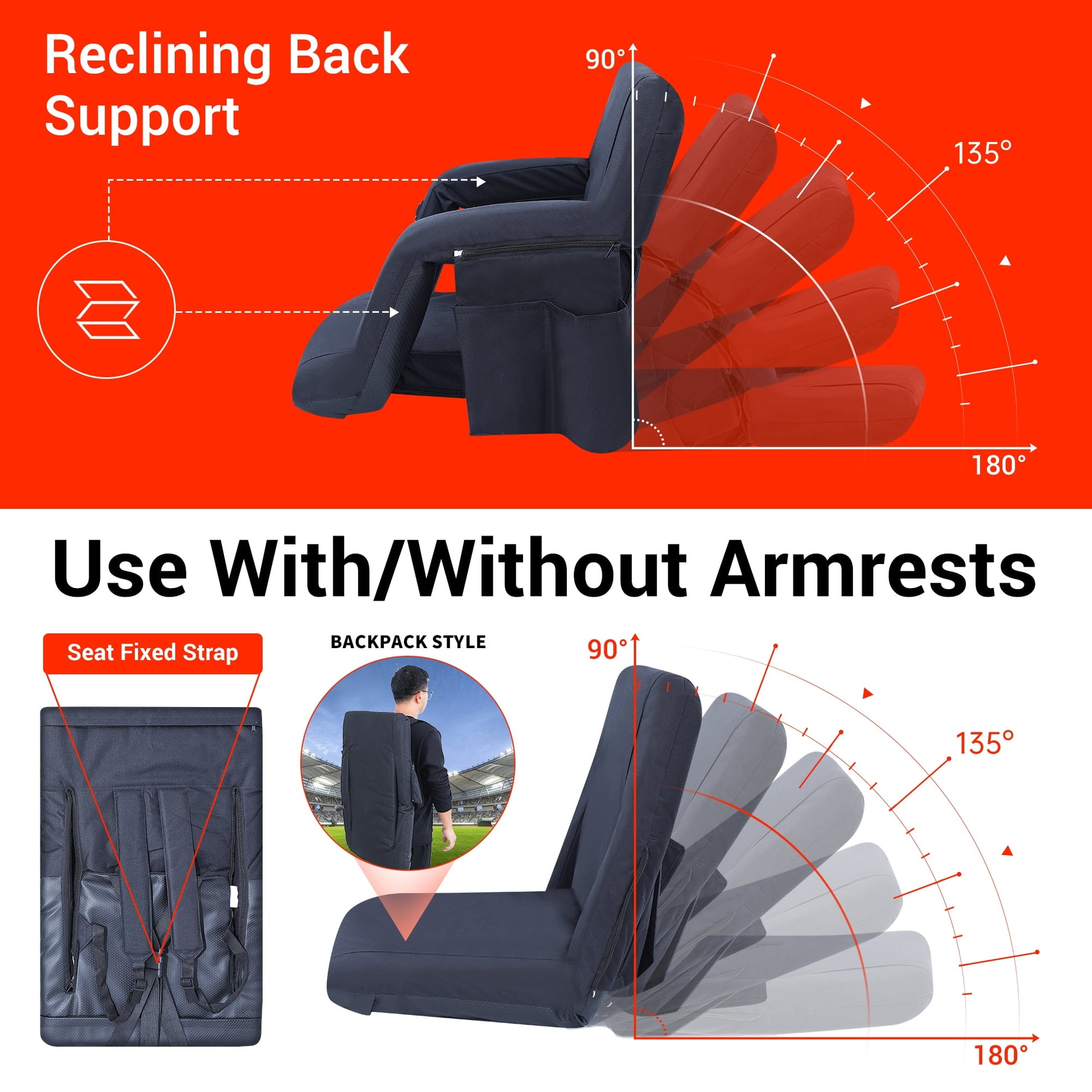 Heated Massage Stadium Seats, Floor Chair, Bleacher Chairs, Reclining Waterproof Cushion, Ultralight, Foldable, Extra Thick Padding, with Shoulder Straps & Side Pockets (Regular, Set of 1)