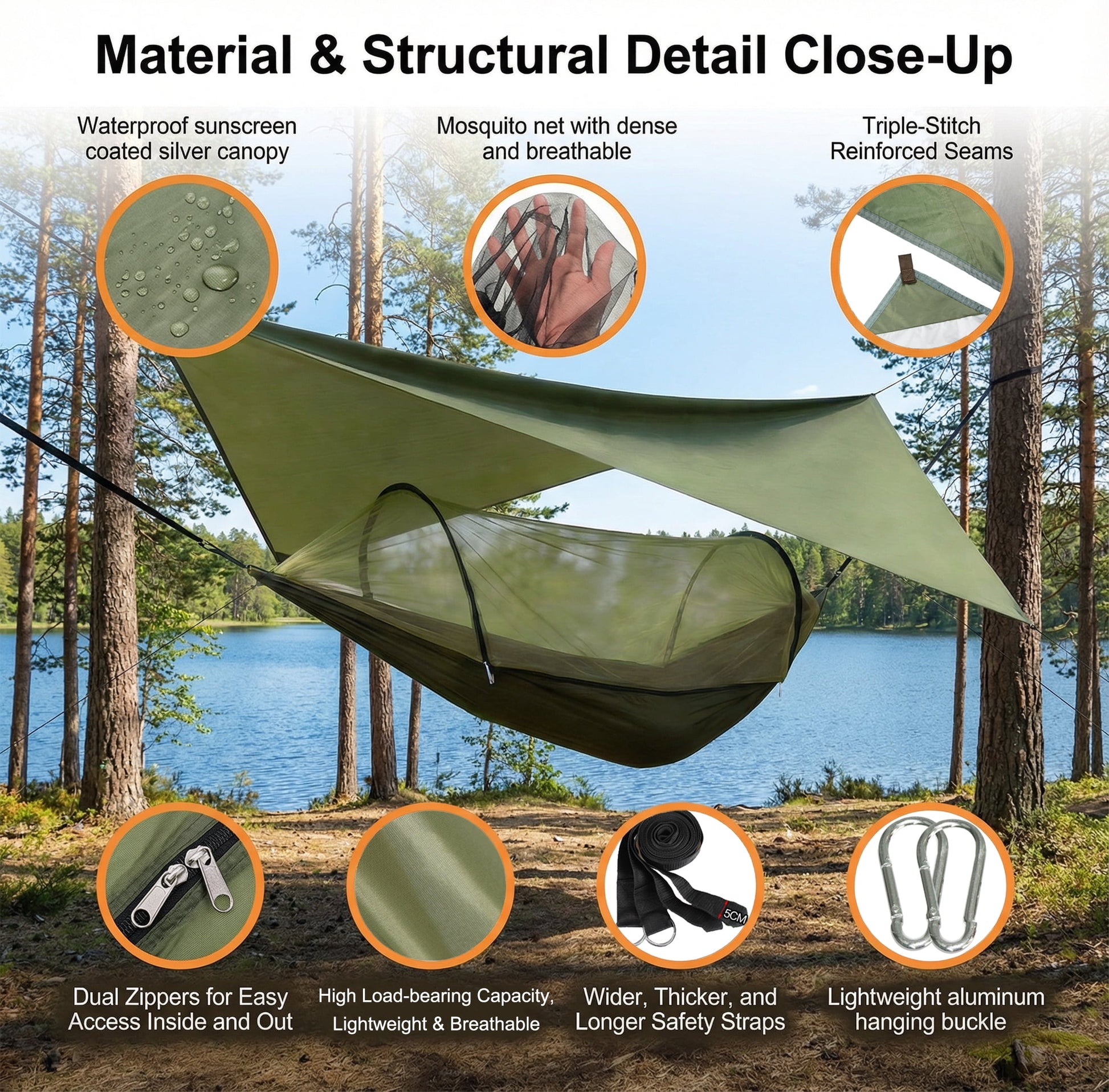EZBY Camping Hammock with Net & Sunshade Tarp, 2 Person Portable Hammocks for Outside, 661lbs Max Load for Outdoor Camping Hiking Beach Park