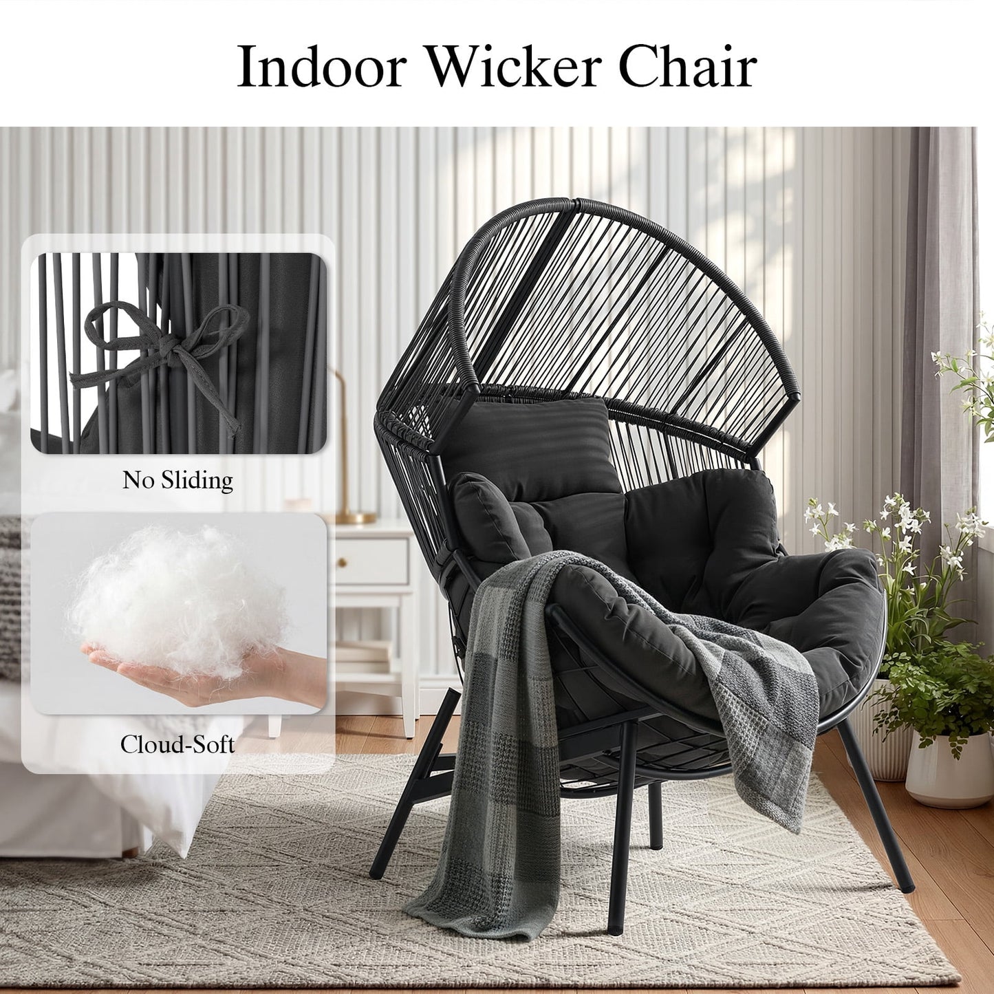 Dovov Oversized Egg Chair with Thick Cushion, Wicker Lounge Chair Rattan Patio Chair Indoor Outdoor Patio Lounger Basket Chair w/ Steel Frame, 500lbs Capacity, Gray