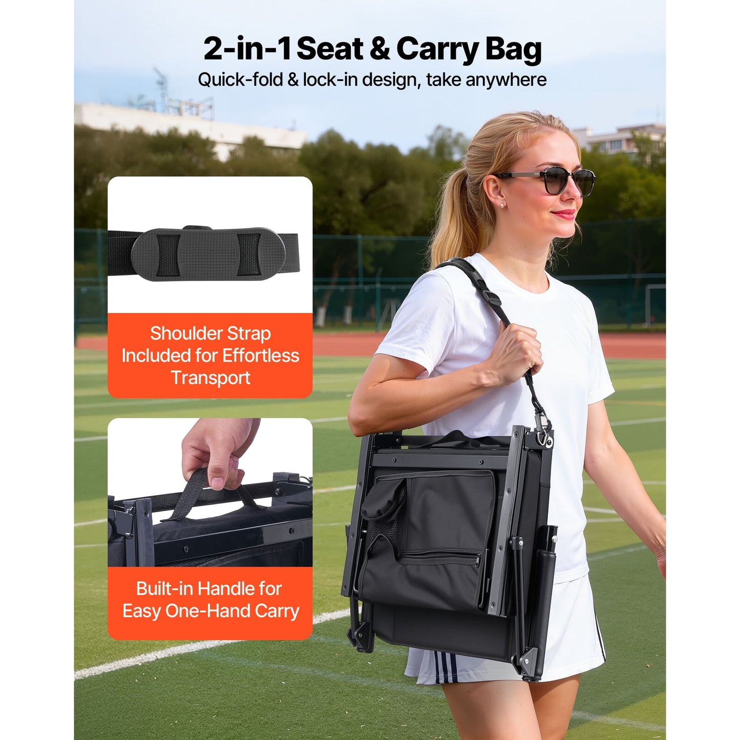 KFFKFF Portable Stadium Seat with Armrests, Back Support, and Padded Cushion, Bleacher Chair with Shoulder Strap, Hooks, and Cup Holder, Black Seat for Sports Events, 1PCS