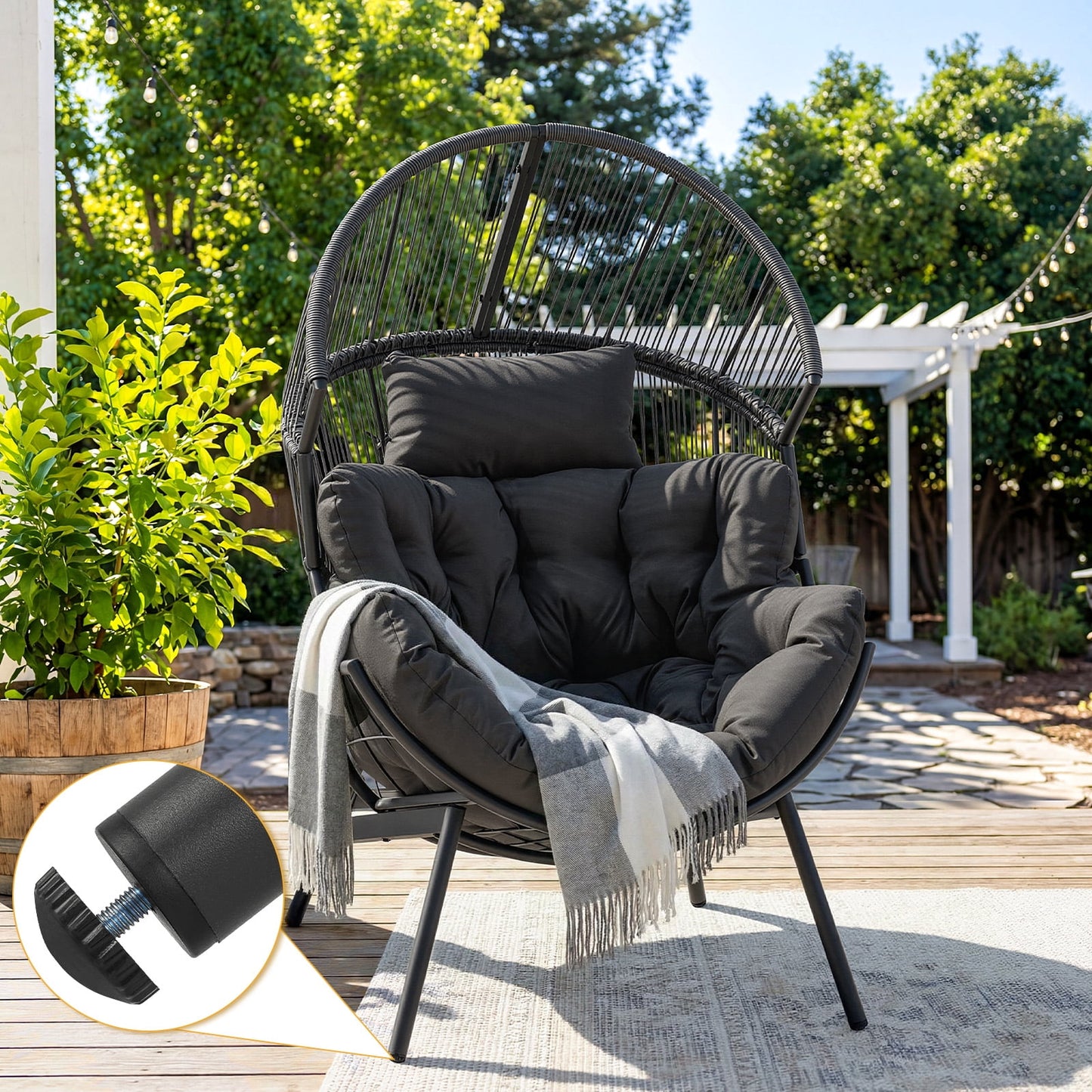 Dovov Oversized Egg Chair with Thick Cushion, Wicker Lounge Chair Rattan Patio Chair Indoor Outdoor Patio Lounger Basket Chair w/ Steel Frame, 500lbs Capacity, Gray