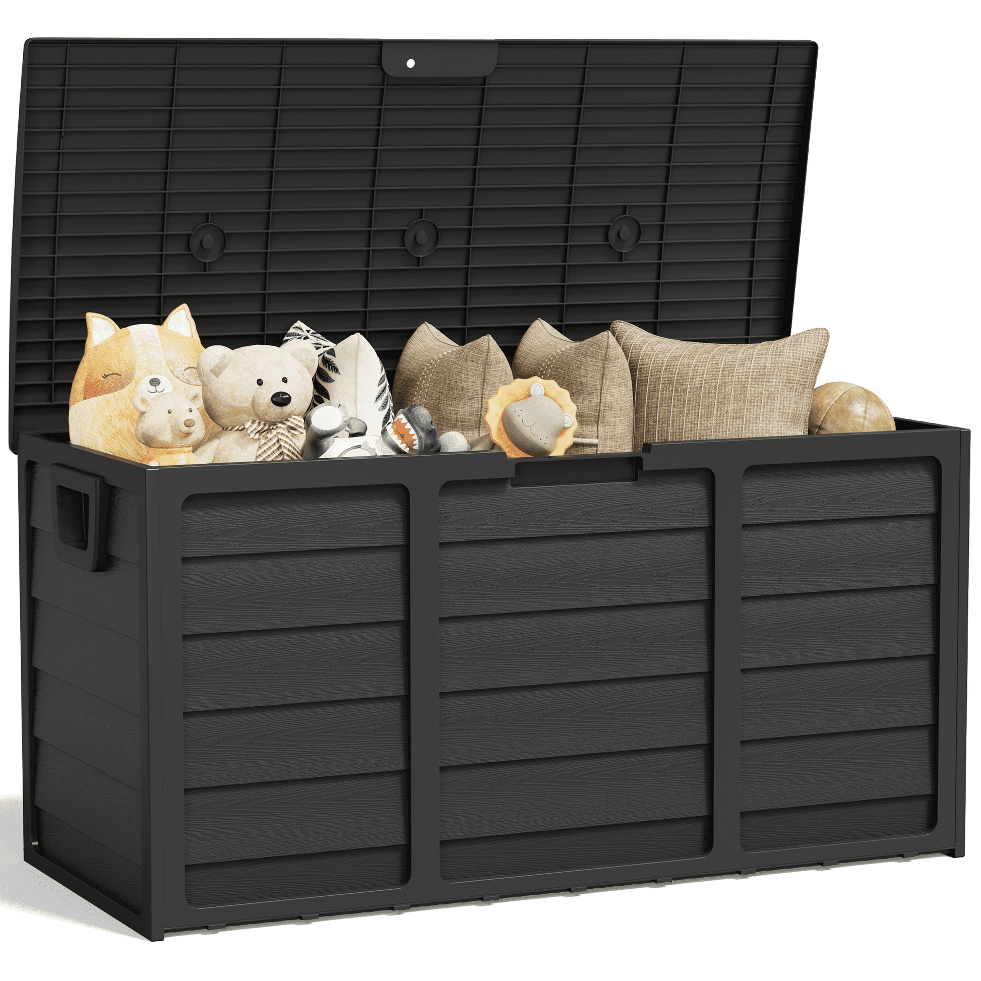 Marknig 75 Gallon Deck Box, Indoor Outdoor Storage Box for Patio Furniture, Pool Accessories, Garden Tools, Sports Equipment, Waterproof Resin Rattan Box with Lockable Lid and Side Handles,Black