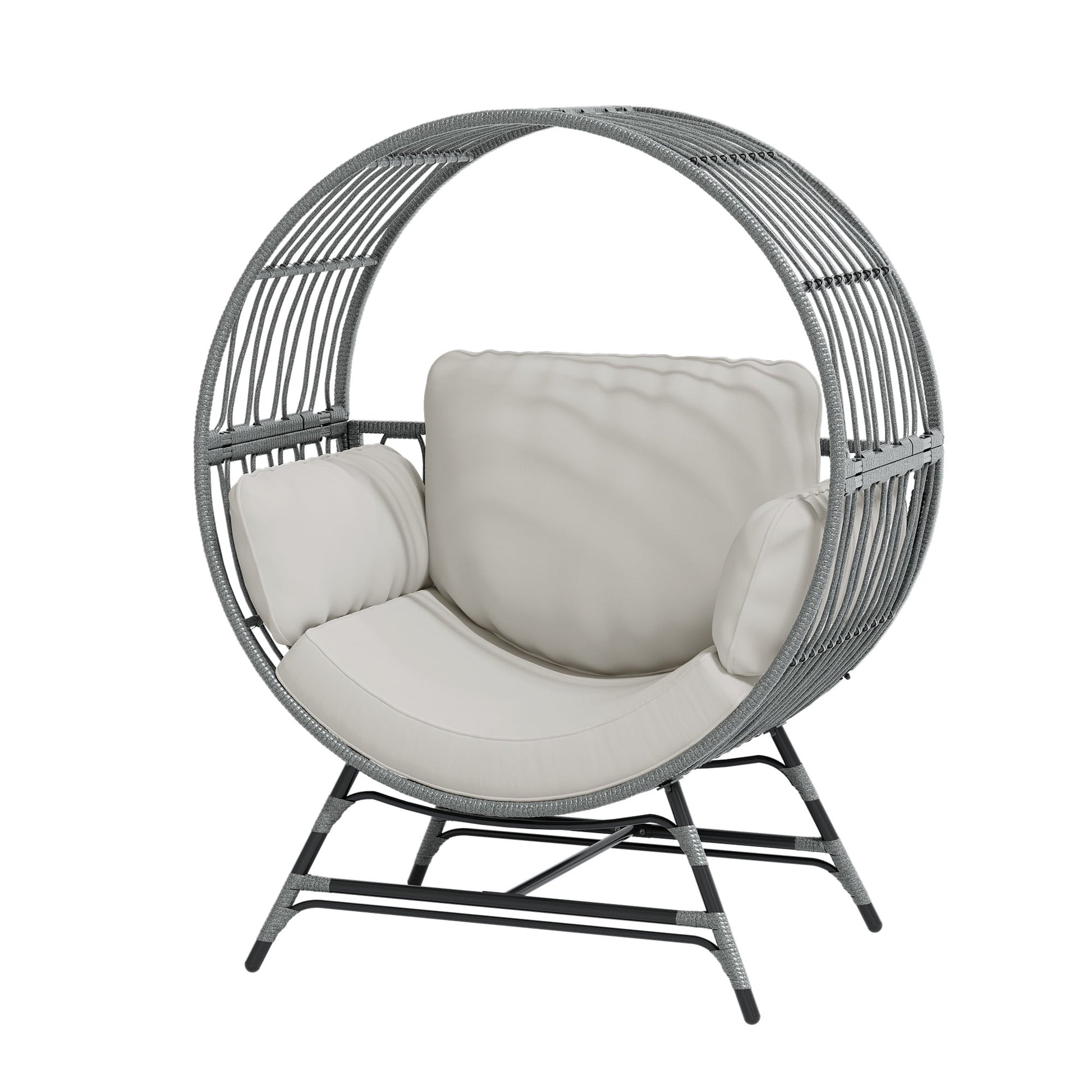 Wicker Round Egg Chair, Oversized Indoor Outdoor Lounger for Patio Living Room, w/ 4 Cushions, Steel Frame, 330lbs Capacity(GR-LR)
