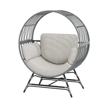 Wicker Round Egg Chair, Oversized Indoor Outdoor Lounger for Patio Living Room, w/ 4 Cushions, Steel Frame, 330lbs Capacity(GR-LR)