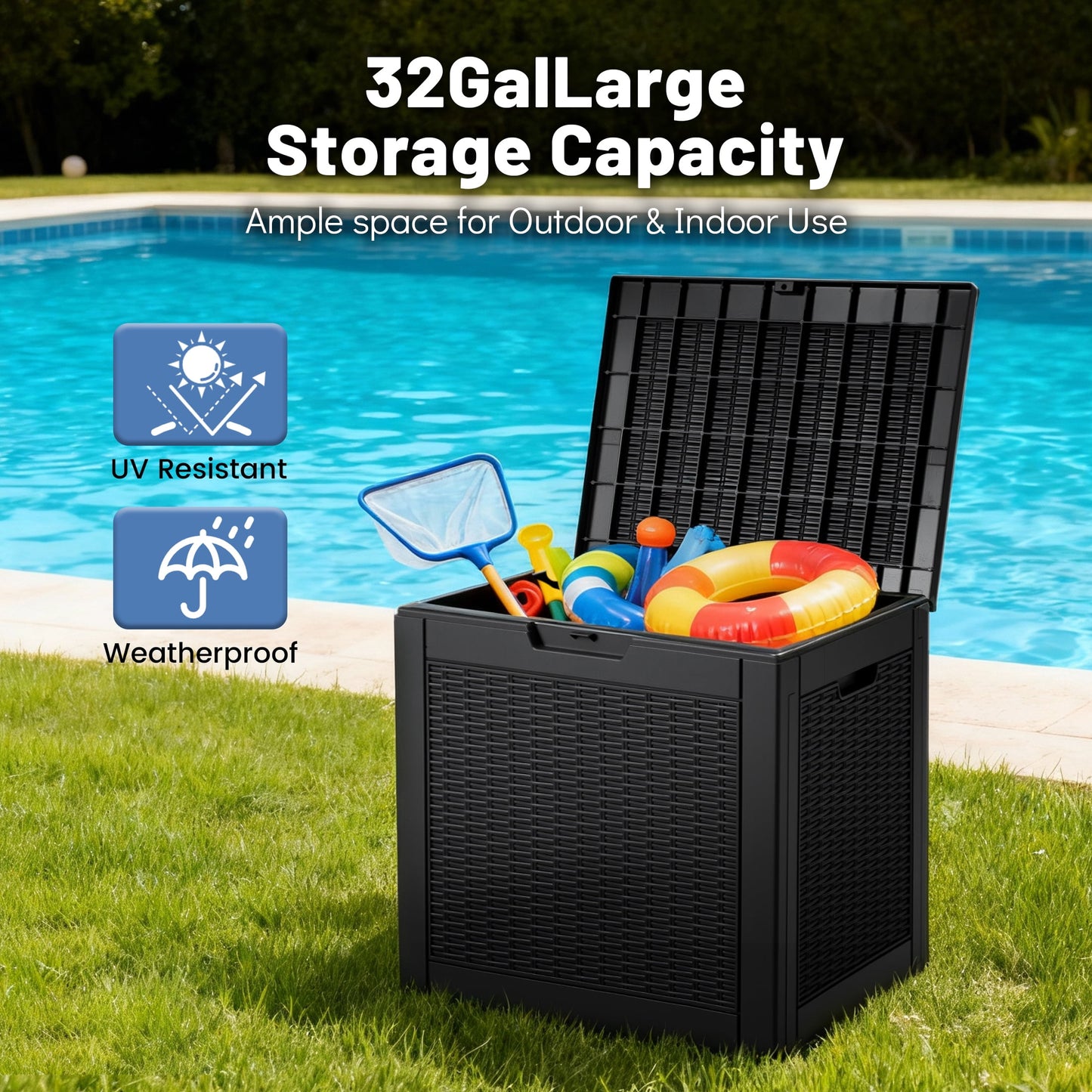 edx 31 Gallon Outdoor Storage Box, Wicker Pattern Resin Deck Box with Lockable Lid & Built-in Handles, 170 Lbs Capacity Storage Bench for Indoor/Outdoor Use, Black