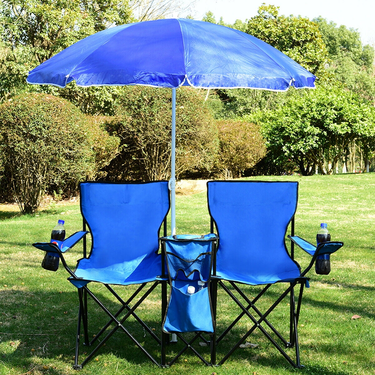 Costway Portable Camping Folding Picnic Double Chair W/Umbrella Table Cooler Beach Camping Chair
