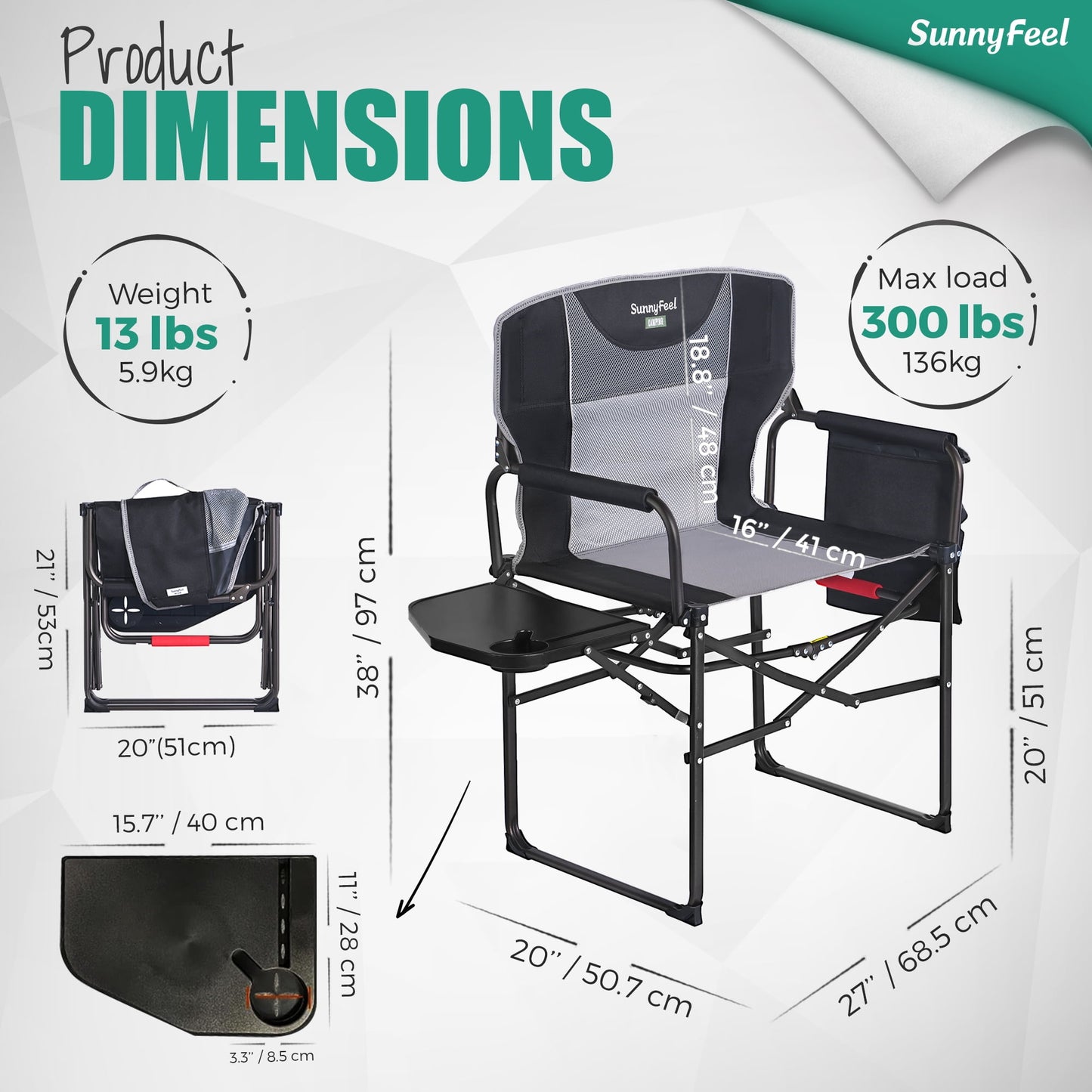 Sunnyfeel Camping Directors Chair, Heavy Duty, Oversized Portable Folding Chair with Side Table, Pocket for Beach, Fishing, Trip, Picnic, Lawn, Concert Outdoor Foldable Camp Chairs