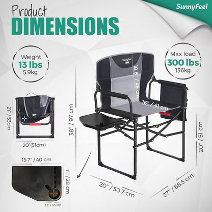 Sunnyfeel Camping Directors Chair, Heavy Duty, Oversized Portable Folding Chair with Side Table, Pocket for Beach, Fishing, Trip, Picnic, Lawn, Concert Outdoor Foldable Camp Chairs