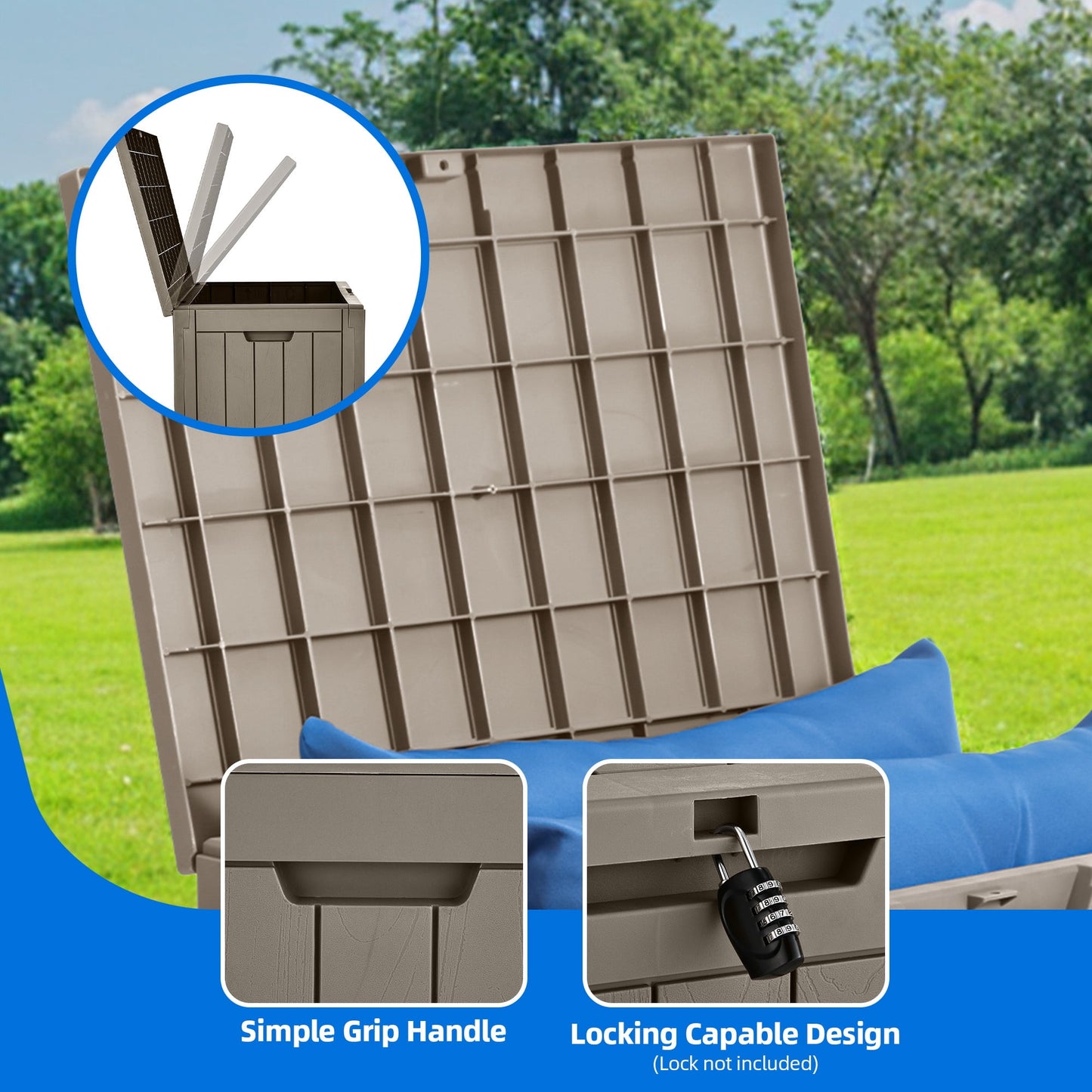 Dextrus 31 Gallon Weatherproof Resin Deck Box, Lockable Outdoor Storage Container, Heavy-Duty Patio Organizer for Cushions, Garden Tools, Poolside Supplies and Sports Gear, Brown