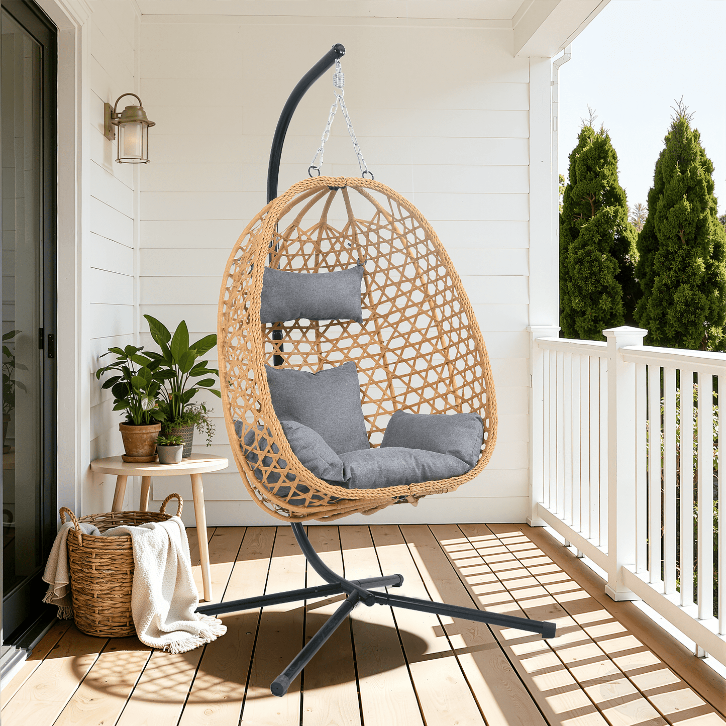 AstrPthylx Hanging Egg Chair with Stand - All-Weather Rattan Swing Chair & Cushions for Patio, Balcony, Garden, 350lb Capacity (Grey)