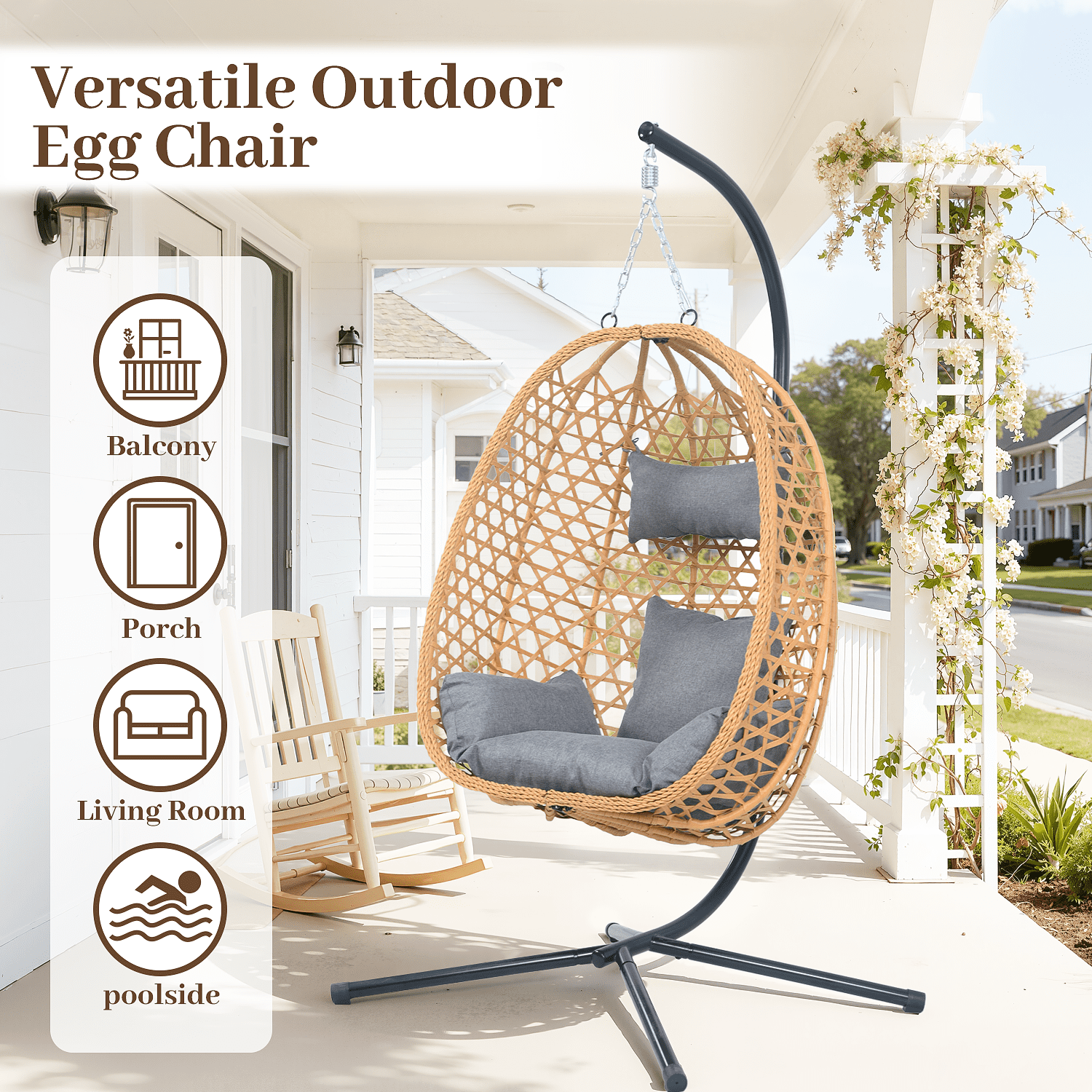 All-Weather Rattan Hanging Egg Chair with Stand & Cushions - Indoor/Outdoor Swing Chair for Patio Balcony Garden - Grey