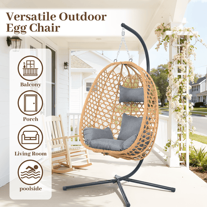 All-Weather Rattan Hanging Egg Chair with Stand & Cushions - Indoor/Outdoor Swing Chair for Patio Balcony Garden - Grey