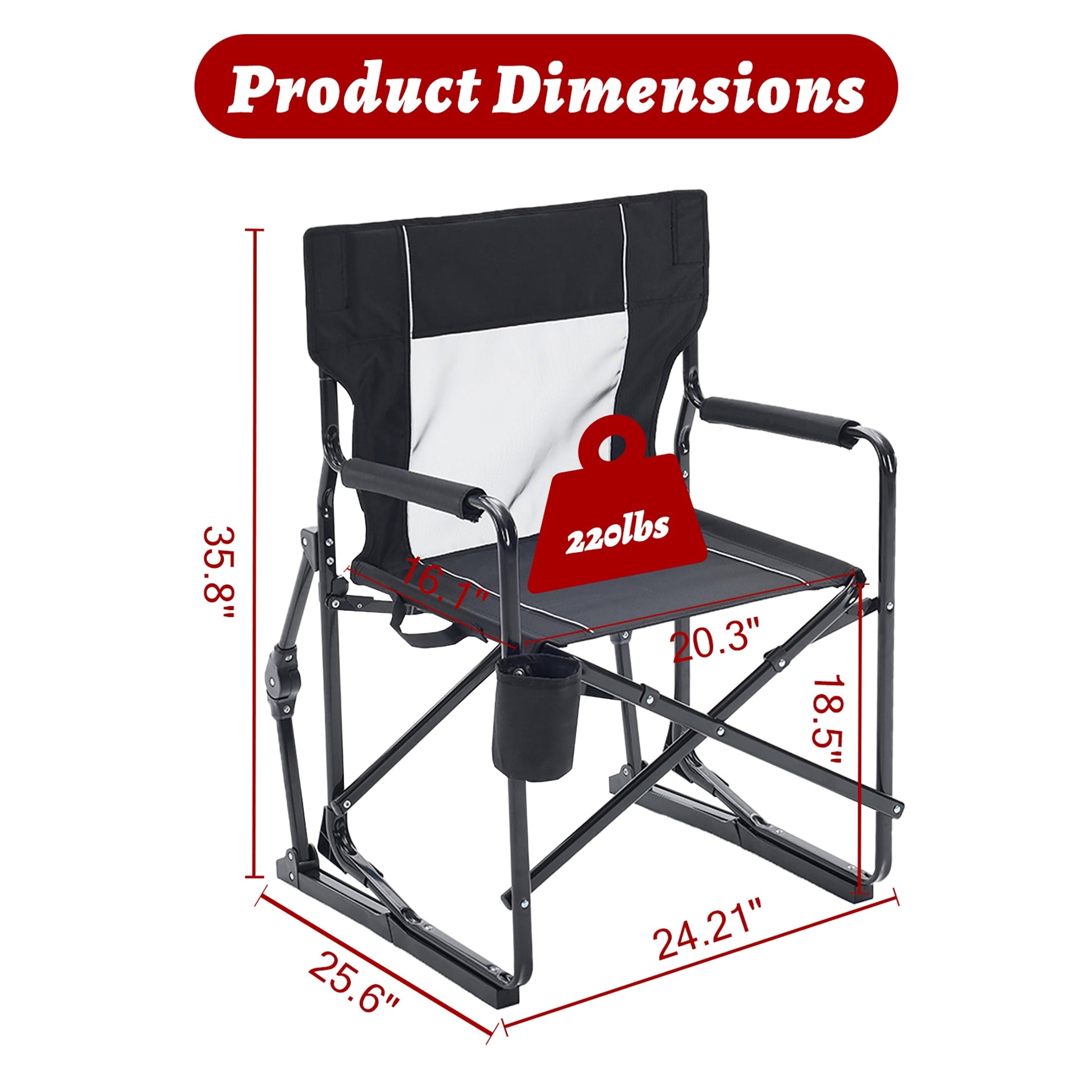 EDX Folding Camping Chair, Padded High Back, Adjustable Lumbar Support, Extra Wide for Adults, 500 lbs Steel Frame, Portable Outdoor, Black