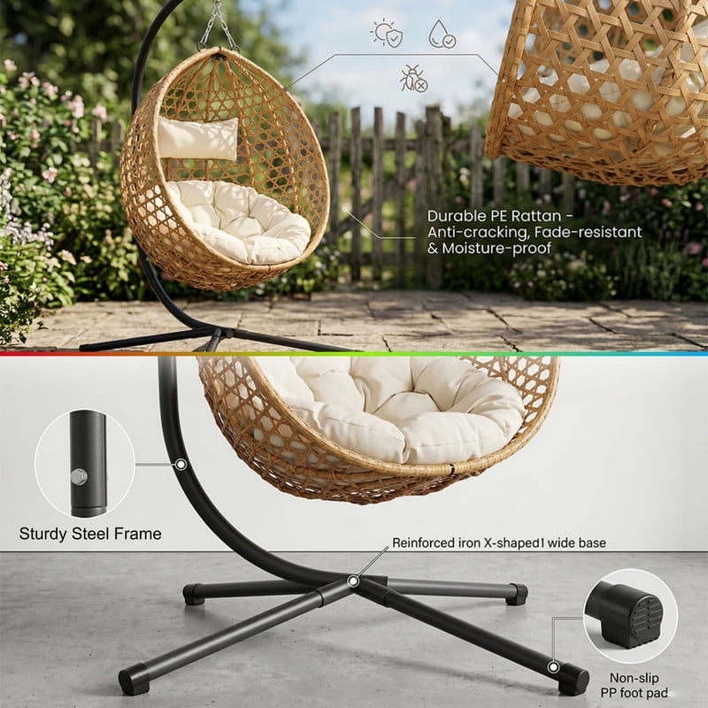 350lbs Capacity Foldable Hanging Chair with Stand, HDPE Rattan Accent Swing Egg Chair with Cushions for Indoor/Outdoor