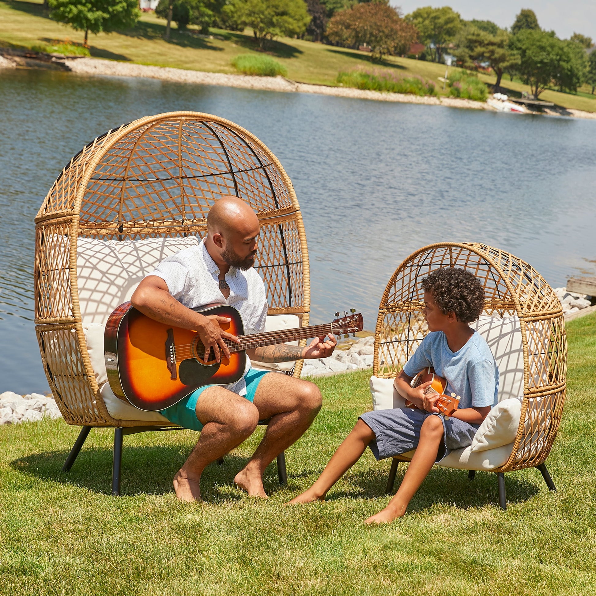 Better Homes & Gardens Ventura Boho Outdoor Wicker Stationary Kid's Egg Chair, Tan