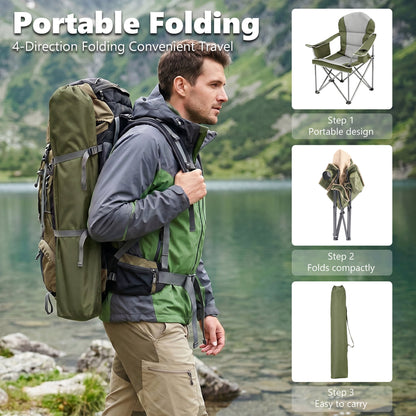 EDX Heavy Duty Camping Chair 500 lb Capacity, Oversized Extra Wide for Adults, Padded High Back Folding Lawn Chair, 500 lbs Steel Frame, Portable Outdoor Camping Chair with Cup Holder, Green
