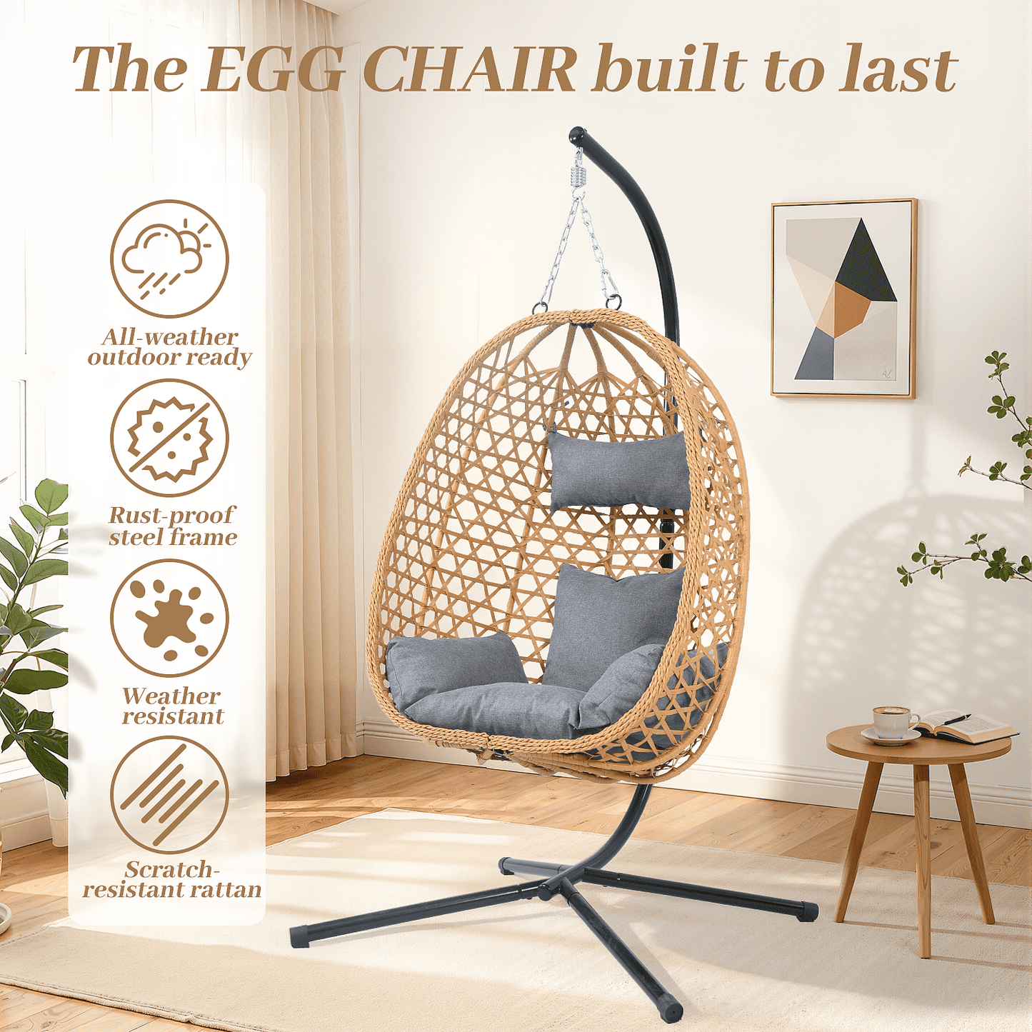 AstrPthylx Hanging Egg Chair with Stand - All-Weather Rattan Swing Chair & Cushions for Patio, Balcony, Garden, 350lb Capacity (Grey)