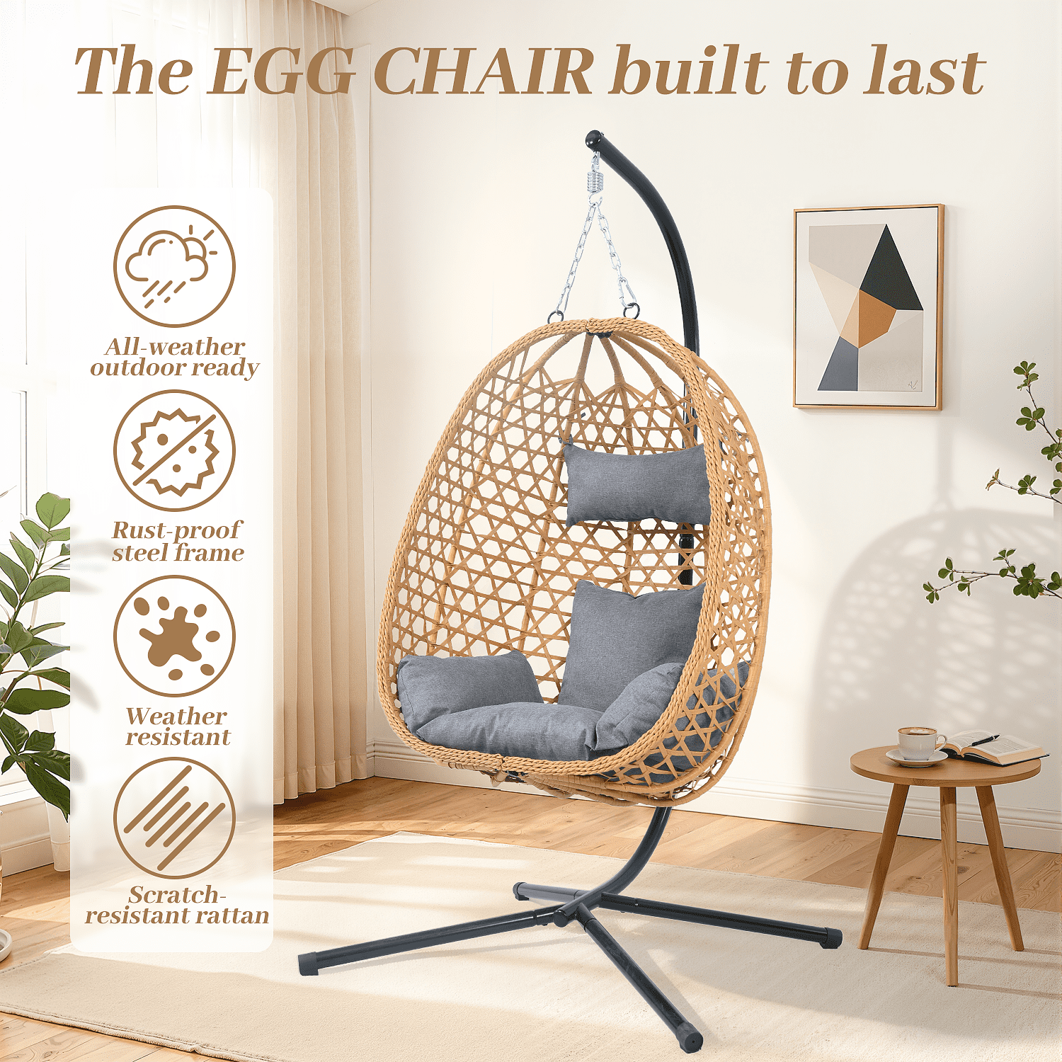 AstrPthylx Hanging Egg Chair with Stand - All-Weather Rattan Swing Chair & Cushions for Patio, Balcony, Garden, 350lb Capacity (Grey)