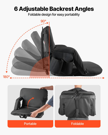 VEVOR Stadium Seat, 6 Adjustable Angle Bleacher Chair, 2.9'' Cushion Stadium Seat with Back Support and Armrest, Wide Bleacher Chair with Hook Pocket Cupholder for Picnics, Beach Sports, and Gaming