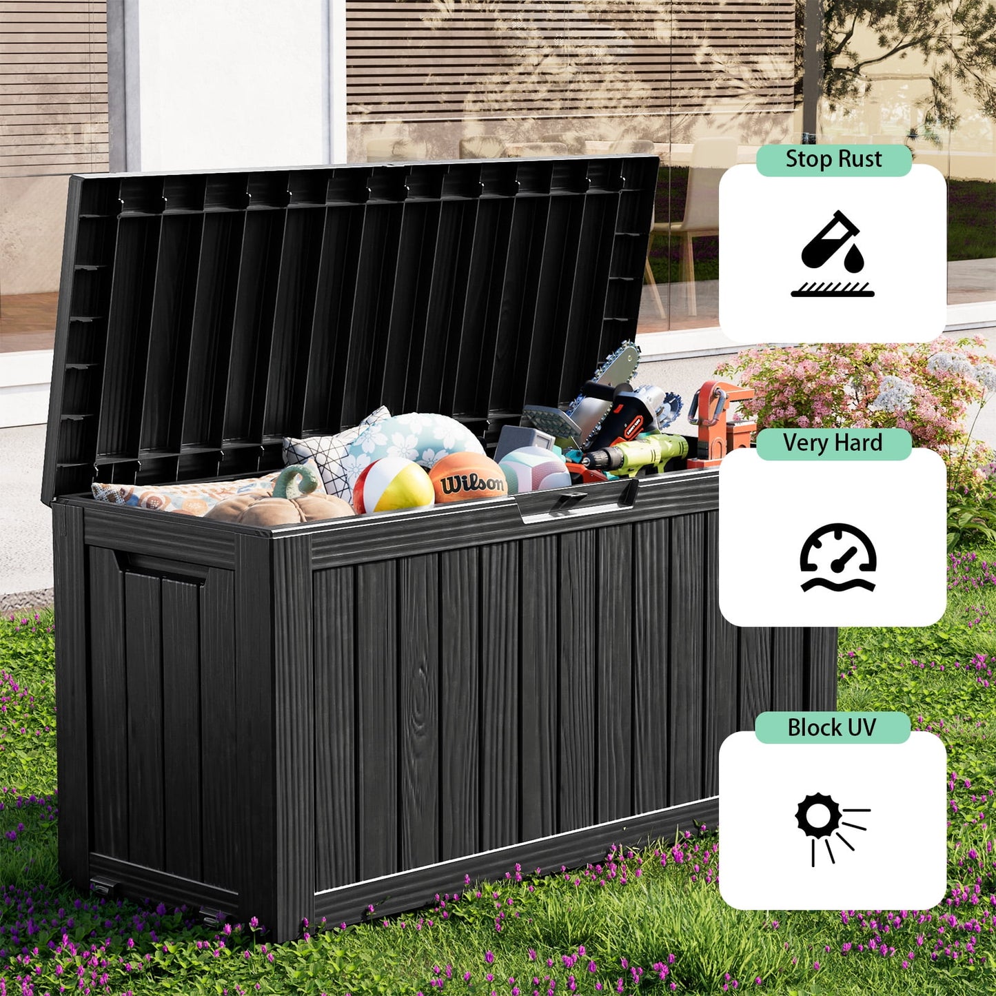 EASY UP 80 Gallon Resin Deck Box, Lockable Patio Outdoor Storage Box for Furniture, Garden Tools and Tools Storage, Waterproof Outside Storage Boxes.Father's Day Gift