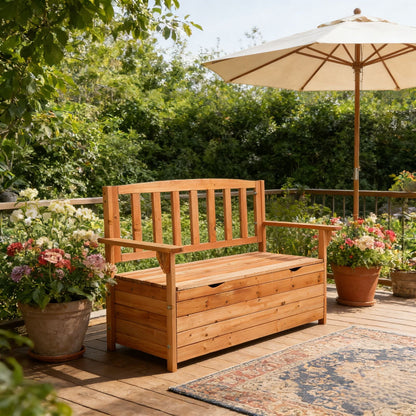 Zimtown 44" Outdoor Cedar Storage Bench with Backrest and Armrest, Large Patio Deck Box for Garden Tools and Cushions