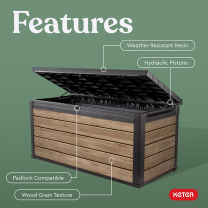 Keter Signature 150 Gallon Durable Weatherproof Resin Deck Box Organization and Storage for Outdoor Patio and Lawn, Ashwood