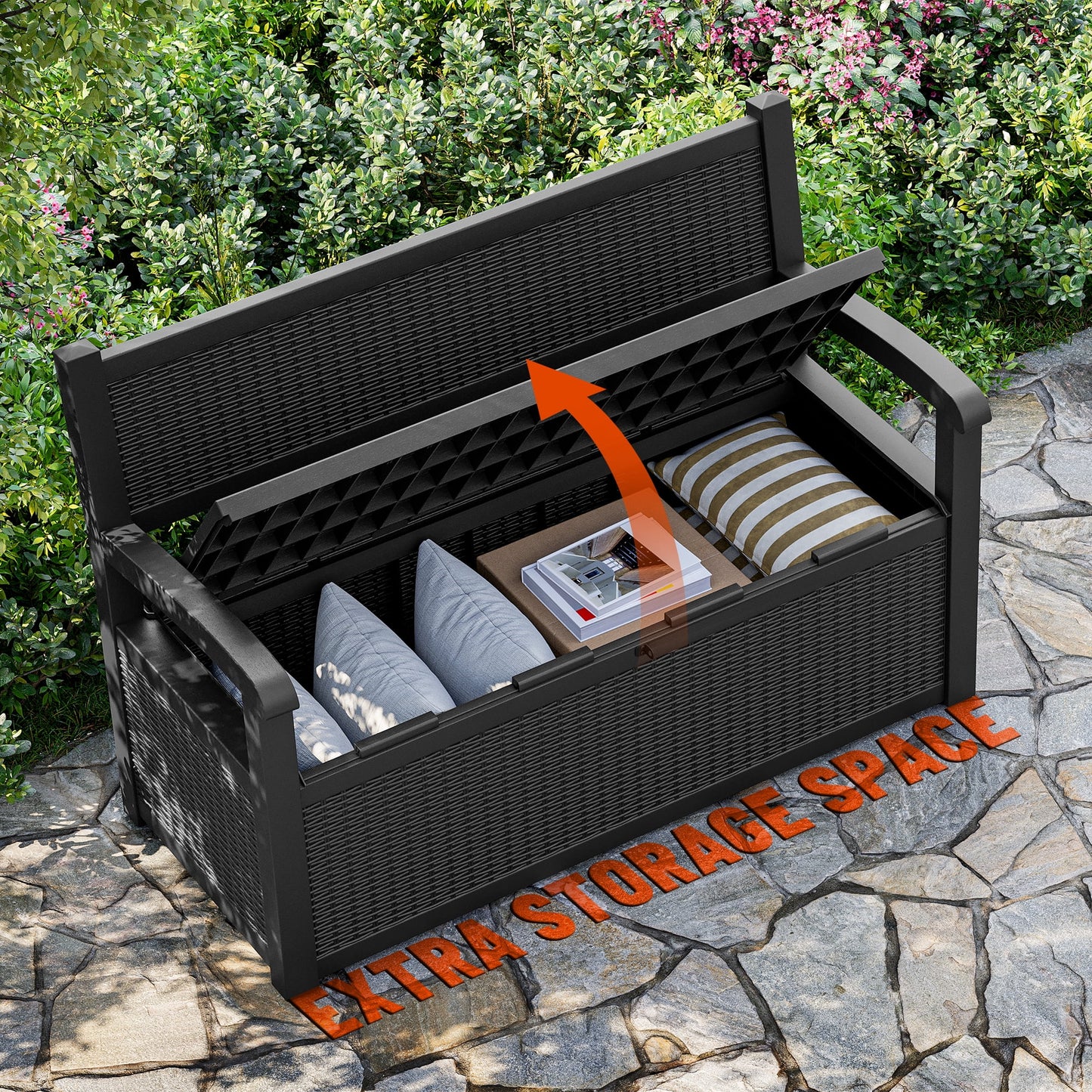 Nihsuao 80 Gallon Plastic Storage Bench Made of Durable Weatherproof Resin, Deck Box Lockable Storage Compartment for Outdoor Patios & Lawns, Black