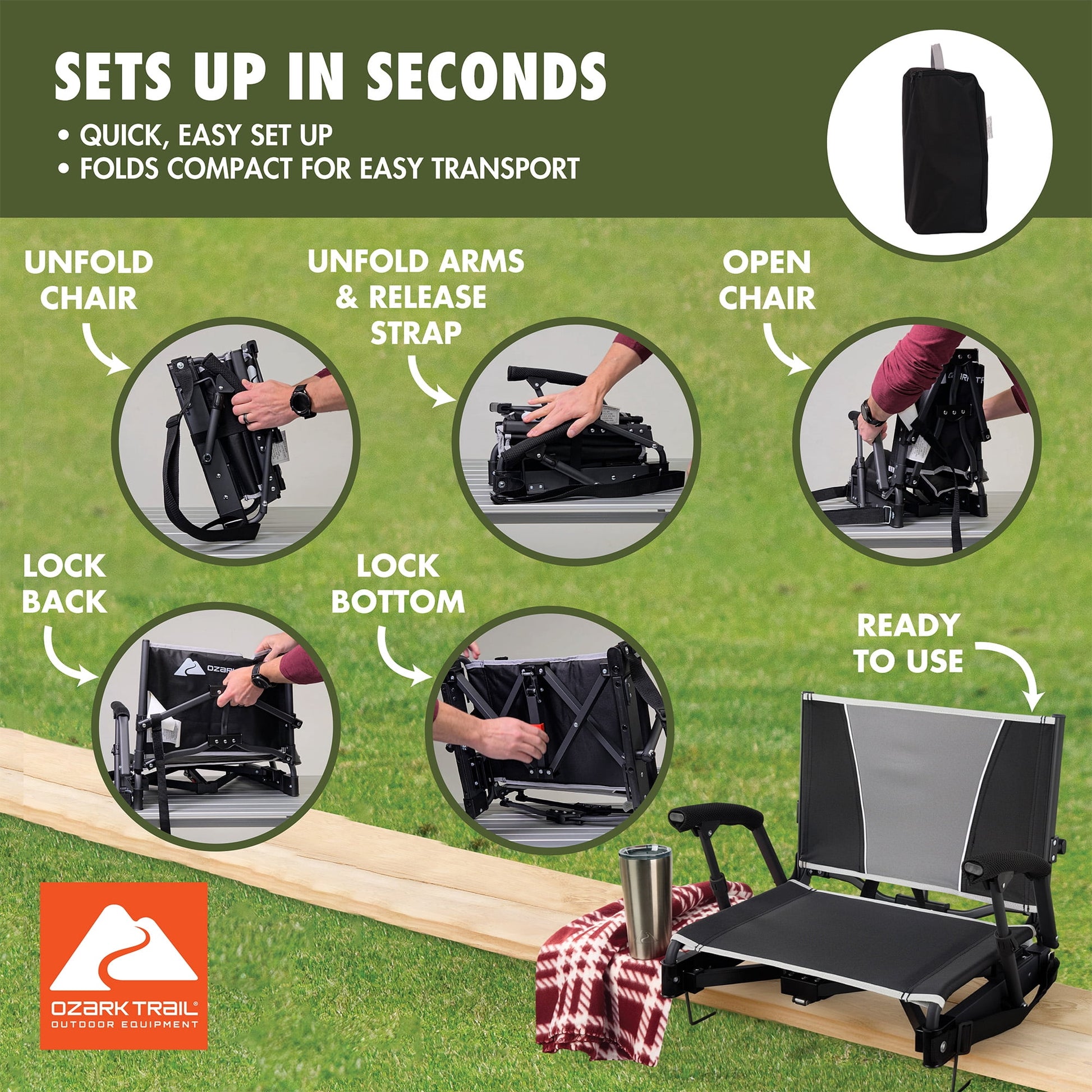 Ozark Trail Collapsible Stadium Seat with Built-In Armrests, Black