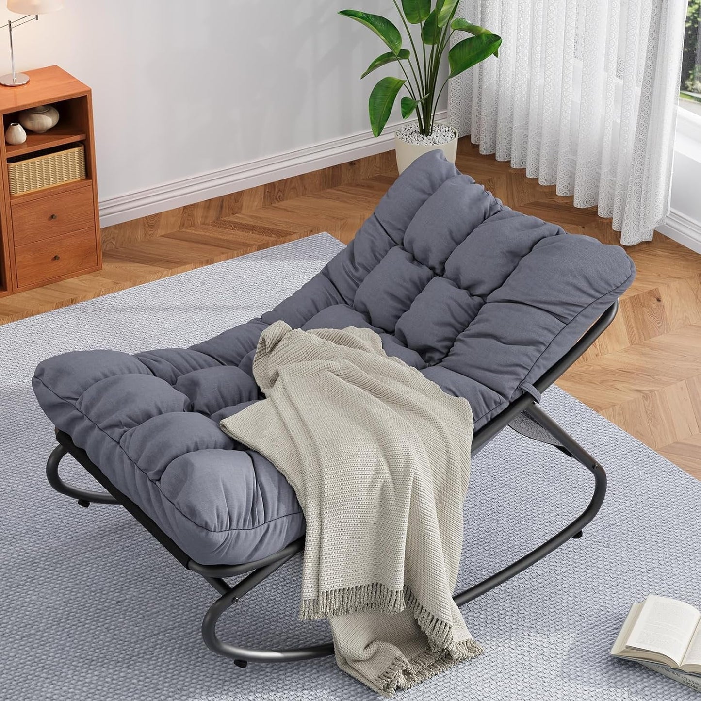 Outdoor Lounge Chairs, Papasan Rocking Chair, Oversized Egg Chair with Adjustable Tilt & Removable Cushion, 450 Lbs Capacity Rust-Proof Steel Frame for Patio, Porch, Poolside, Gray