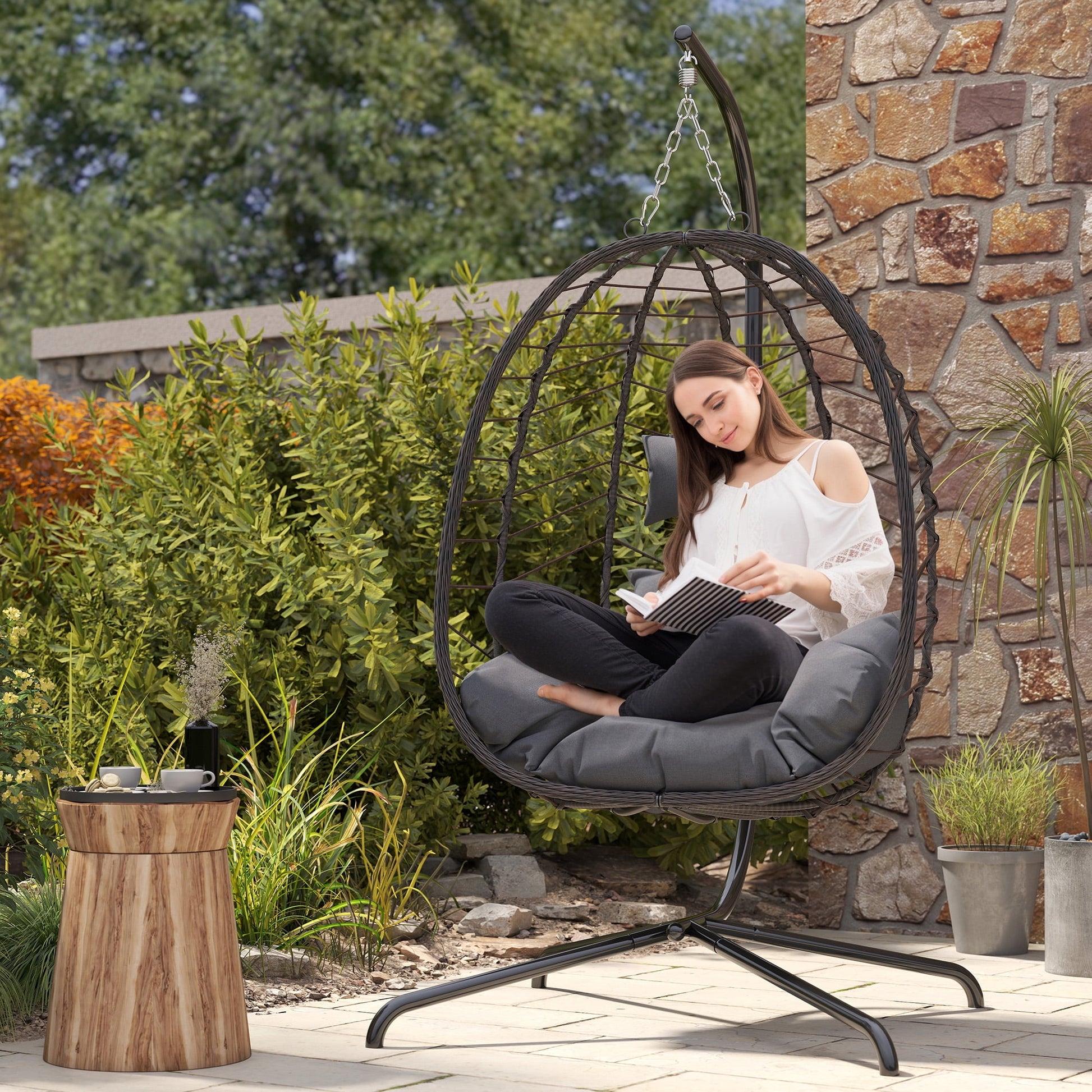 Egg Chair with Stand, Patio Wicker LHBcraft Hanging Chair, Hammock Swing Chair, 350LBS Capacity for Bedroom, Balcony, Garden