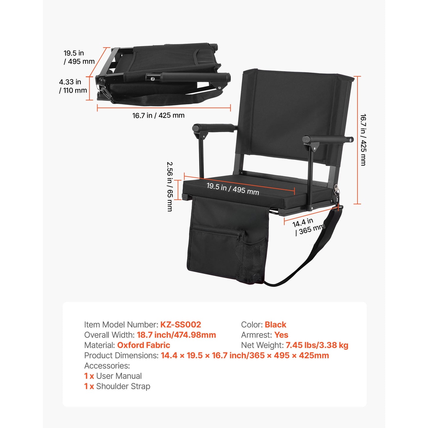 KFFKFF Portable Stadium Seat with Armrests, Back Support, and Padded Cushion, Bleacher Chair with Shoulder Strap, Hooks, and Cup Holder, Black Seat for Sports Events, 1PCS