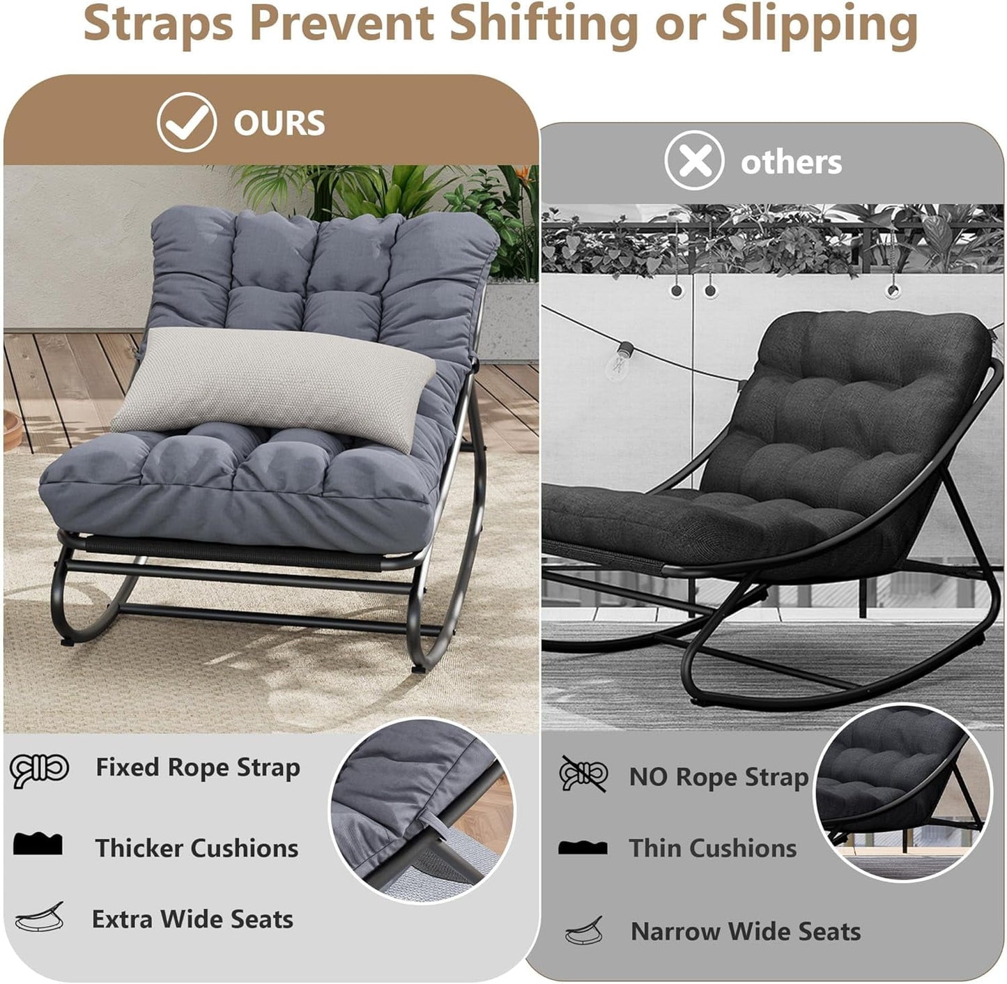 Outdoor Lounge Chairs, Papasan Rocking Chair, Oversized Egg Chair with Adjustable Tilt & Removable Cushion, 450 Lbs Capacity Rust-Proof Steel Frame for Patio, Porch, Poolside, Gray