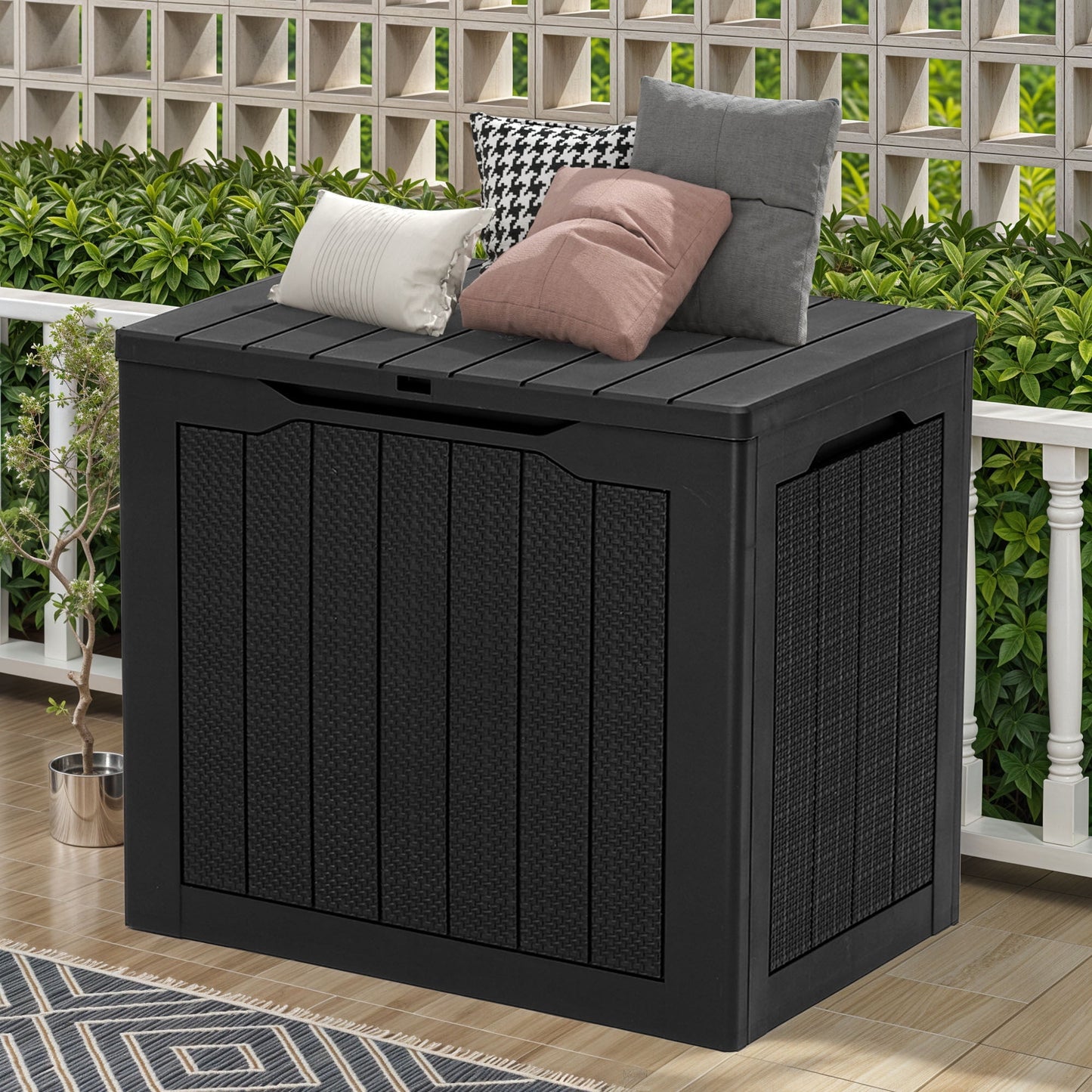 Dextrus 30 Gallon Rattan Resin Deck Box, Black Weather Resistant Lockable Outdoor Storage Box, Multipurpose Indoor Outdoor Container for Patio Cushions, Garden Tools and Daily Essentials