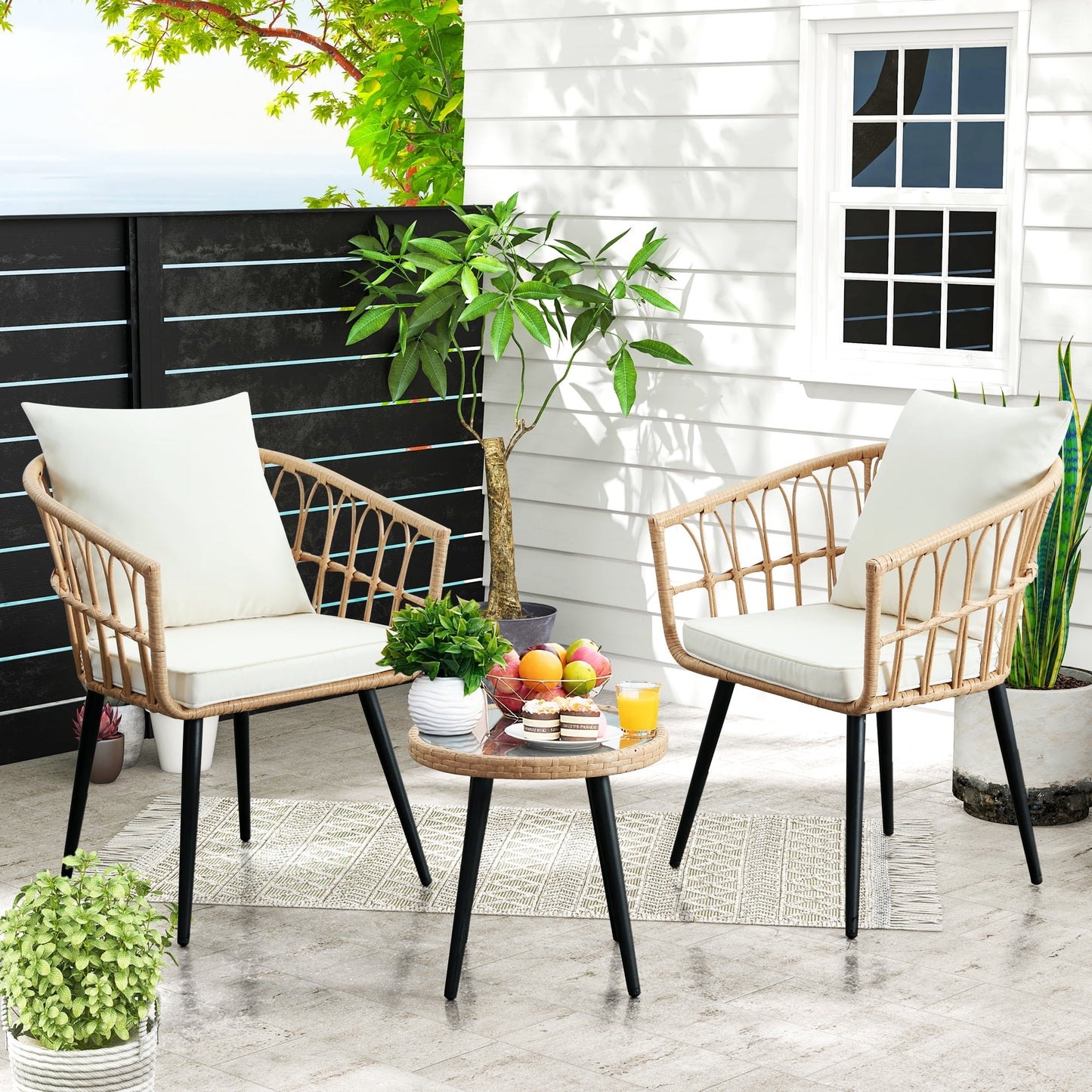 3 Piece Patio Bistro Set,Outdoor Wicker Apartment Balcony Furniture Sets, Rattan Table and Chairs Set of 2 for Porch Backyard Lawn Poolside Deck, Beige