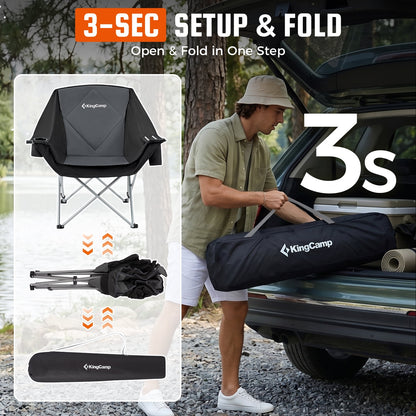 KingCamp Padded Camping Chairs for Adults, Oversized Folding Camping Chair, Heavy Duty Folding Round Camping Chair, Black Dark Grey