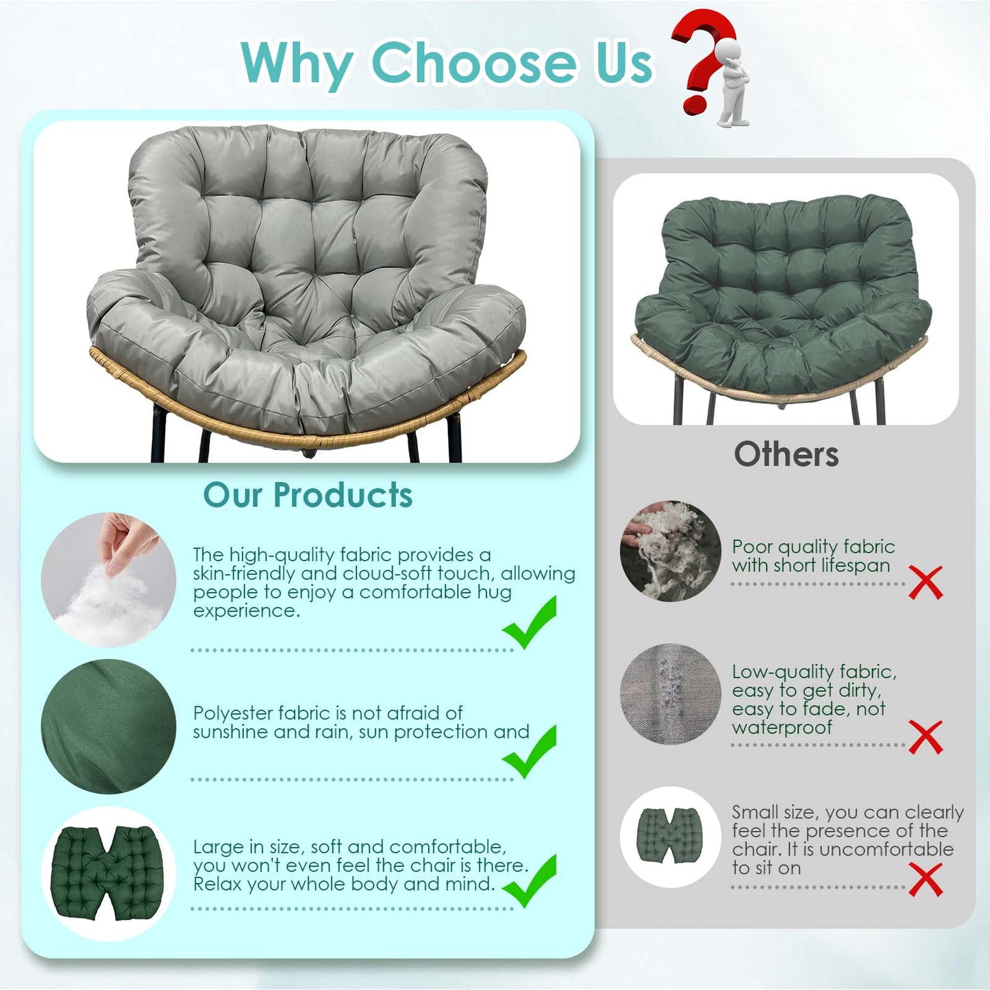 OKYUK Swing Egg Chair Cushion, Waterproof Rocking Chair Pad, Oversized Hammock Chair Pad, Multifunctional Wicker Egg Lounge Chair Soft Cushion Indoor Outdoor, Gray