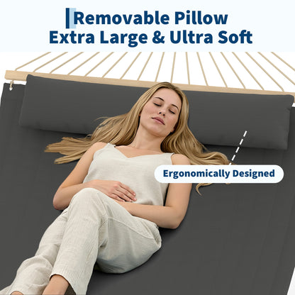 Kicctian Double Quilted Hammock for 2 Adults, Large Outdoor Patio Swing Bed with Hardwood Spreader Bars and Pillow, 450lbs Capacity, for Backyard or Poolside