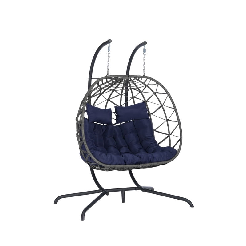 Double Swing Egg Chair with Stand, 2 Person Indoor Outdoor Wicker Loveseat, Oversized Patio Hanging Basket Chair with Cushions, Cozy Sturdy Porch Swing for Backyard
