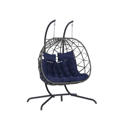 Double Swing Egg Chair with Stand, 2 Person Indoor Outdoor Wicker Loveseat, Oversized Patio Hanging Basket Chair with Cushions, Cozy Sturdy Porch Swing for Backyard