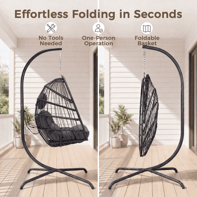 RADIATA Outdoor Foldable Hanging Egg Chair with Stand, PE Wicker Indoor Outdoor Swing Chair with 5" Cushion and Headrest, 350 lbs Capacity, Dark Gray