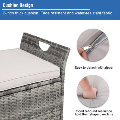 Patio Deck Box, Wicker Outdoor Storage Bench w/Cushion, PE Rattan Patio Storage Furniture with Iron Frame, Cushioned Storage Footstool for Indoor
